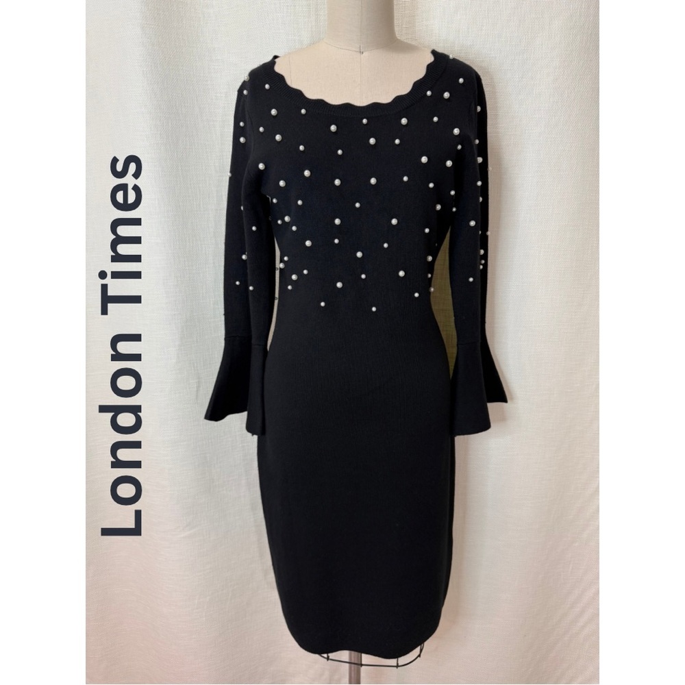London Times Black Pearl Beaded Sheath Dress Bell Sleeve Midi 8